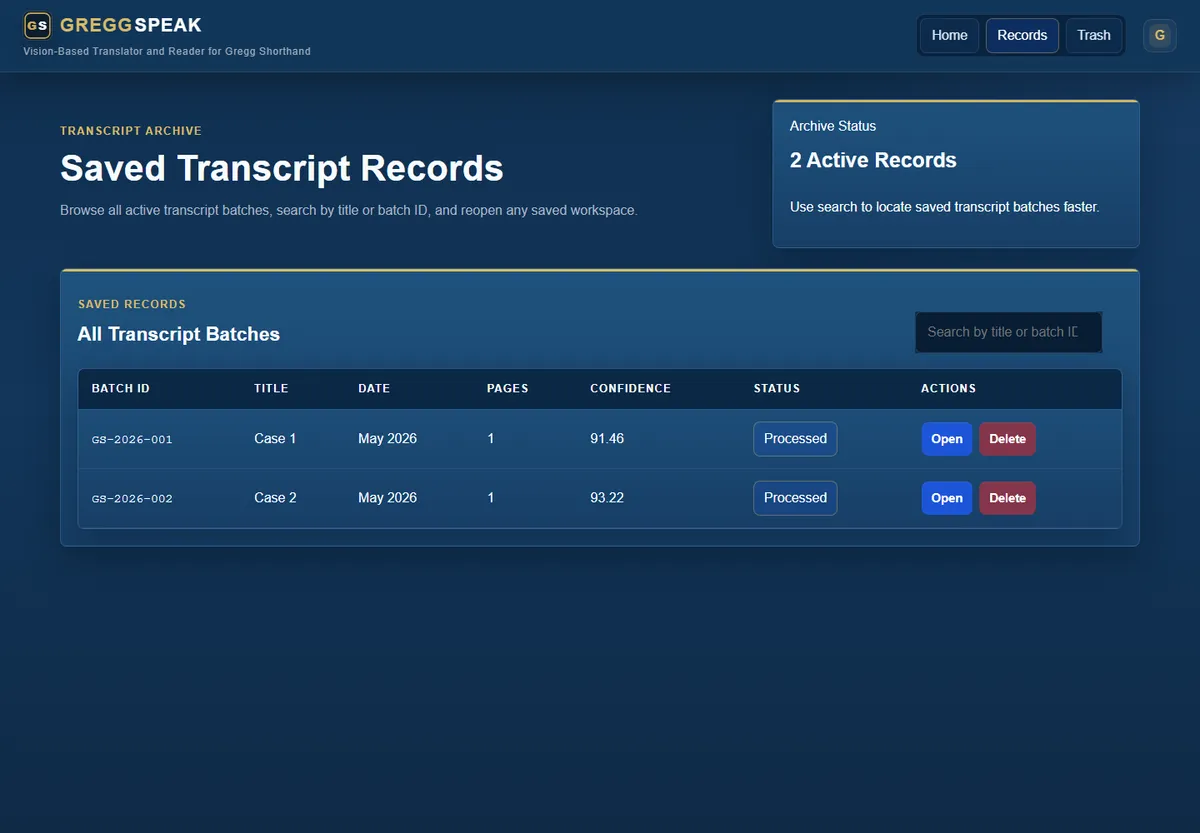 Saved transcript records · sample data