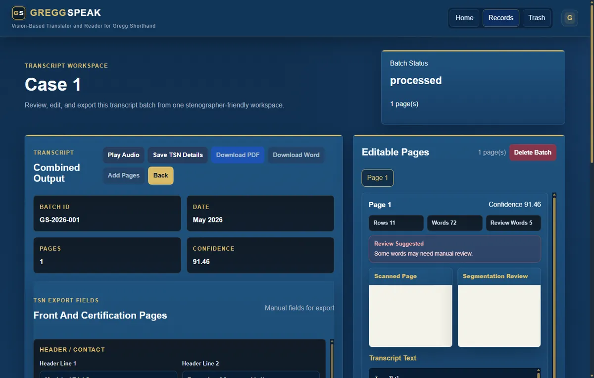 Transcript review and TSN export workspace · sample data