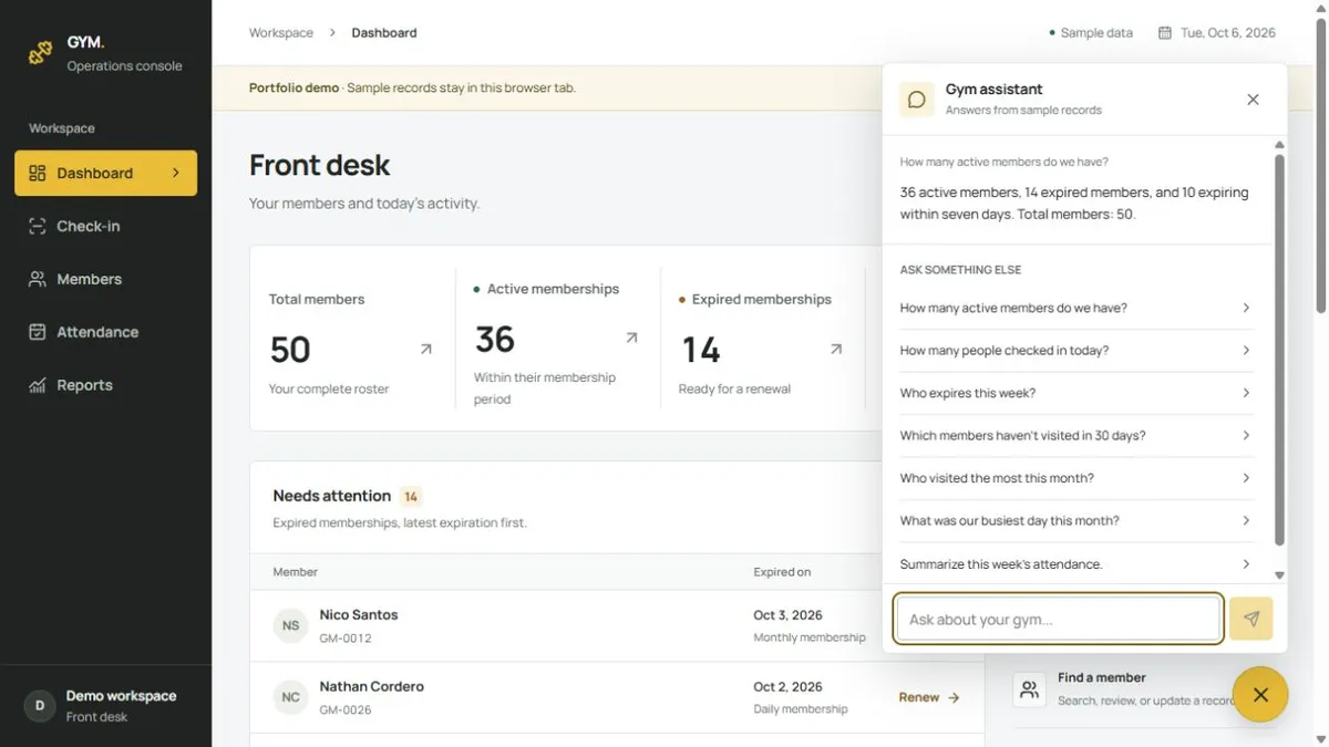 Gym assistant answering a membership question · sample data
