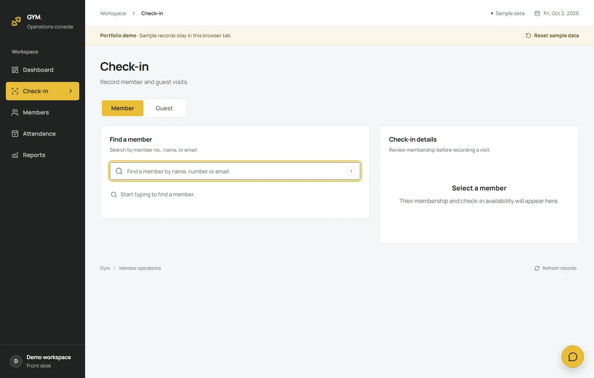 Member check-in workflow · sample data