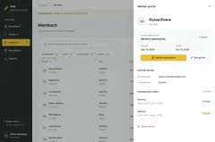 Gym Management System demo showing a sample member profile and membership history